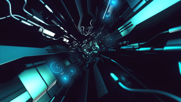 istock Fly inside of futuristic metallic corridor 3d rendering 888511902