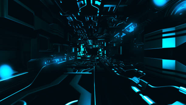 istock Fly inside of futuristic metallic corridor 3d rendering 888511912