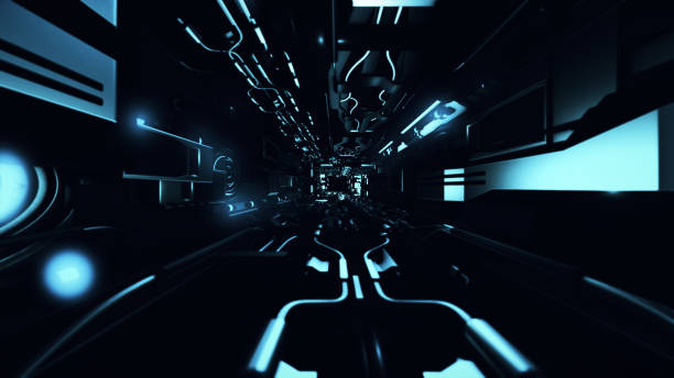 istock Fly inside of futuristic metallic corridor 3d rendering 888511930