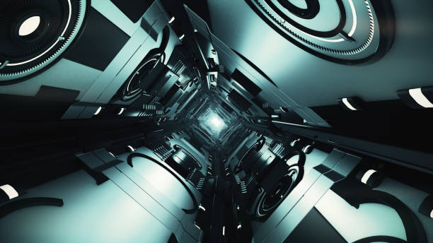 istock Abstract flight in an abstract metal futuristic corridor 3d illustration 888514786