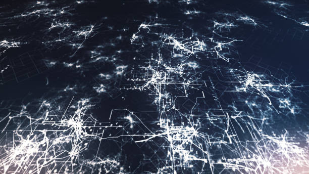 istock Lines drawn by bright spots eventually create an abstract image of a circuit board on a blue background. It may represent electronic connections, communication, futuristic technology. 3d illustration 888514918