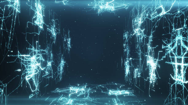 istock Flying in an abstract tunnel from the lines and points forming a drawing of circuits 3d illustration 888515036