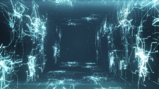 istock Flying in an abstract tunnel from the lines and points forming a drawing of circuits 3d illustration 888515050