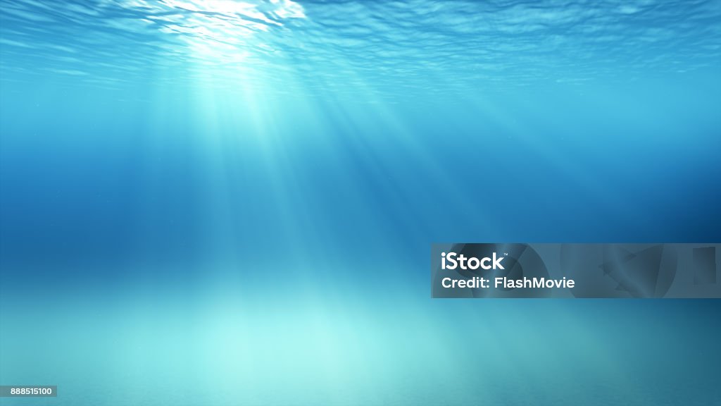 3d illustration underwater scene with air bubbles floating up and sun shining Underwater Stock Photo