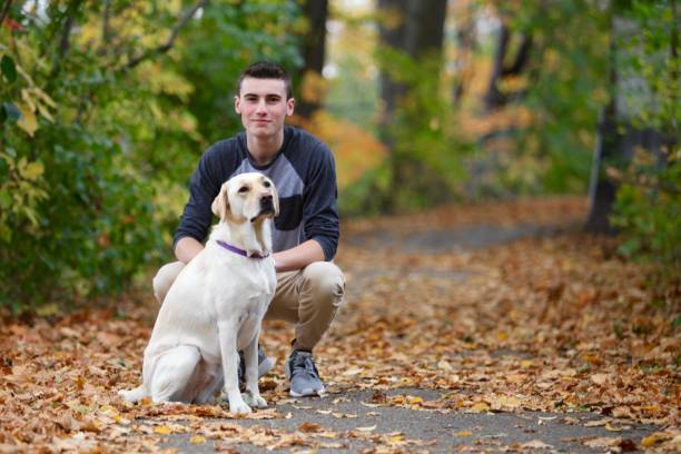 istock Teenage boy posing with his labrador dog while on a hike 888523326