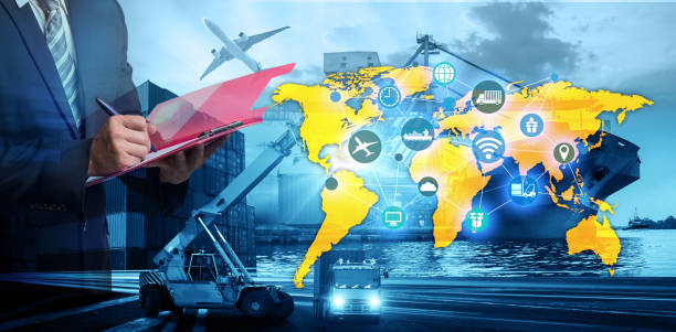 Double exposure Business Logistics concept, map global partner connection of Container Cargo freight ship for Logistic Import Export background for Concept of fast or instant shipping, Online goods orders worldwide exposición doble concepto de logística empresarial, conexión de socio global del mapa de nave de carga de carga para el fondo logística importación y exportación por concepto de envío rápido o instantáneo, órdenes de bienes en línea en todo el mundo