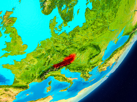 Map of Austria as seen from space on planet Earth. 3D illustration. Elements of this image furnished by NASA. 3D model of planet created and rendered in Cheetah3D software, 7 Dec 2017. URL of the source map: https://visibleearth.nasa.gov/view.php?id=57752