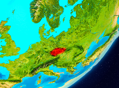 Czech republic in red with surrounding region. 3D illustration with highly detailed realistic planet surface. 3D model of planet created and rendered in Cheetah3D software, 4 Mar 2017. Some layers of planet surface use textures furnished by NASA, Blue Marble collection: http://visibleearth.nasa.gov/view_cat.php?categoryID=1484