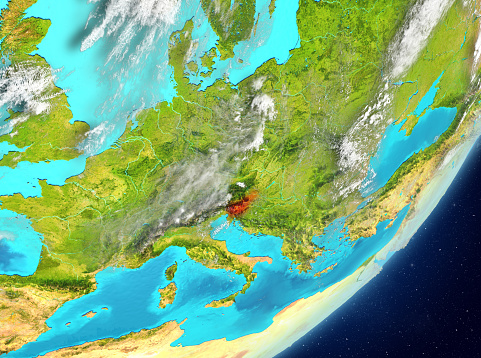 Satellite view of Slovenia highlighted in red on planet Earth with clouds. 3D illustration. Elements of this image furnished by NASA. 3D model of planet created and rendered in Cheetah3D software, 7 Dec 2017. URL of the source map: https://visibleearth.nasa.gov/view.php?id=57752