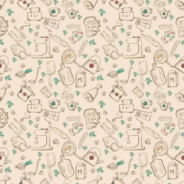 Vector illustration of seamless pattern sketch for kitchen accessories and food