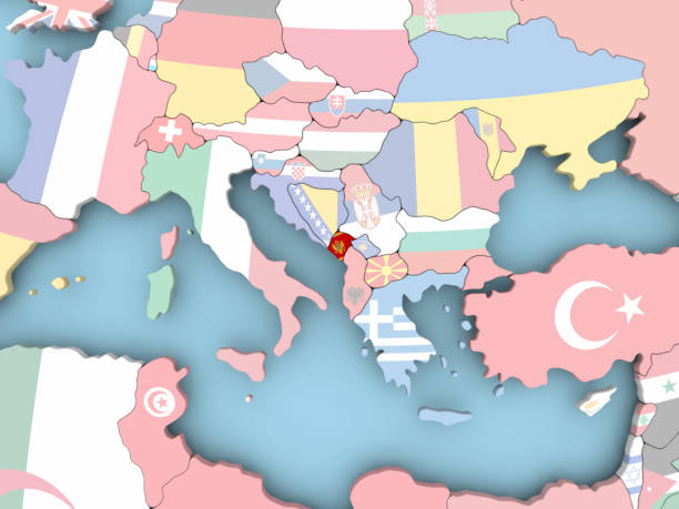 Montenegro with embedded flag. 3D illustration. 3D model of planet created and rendered in Cheetah3D software, 7 Dec 2017.