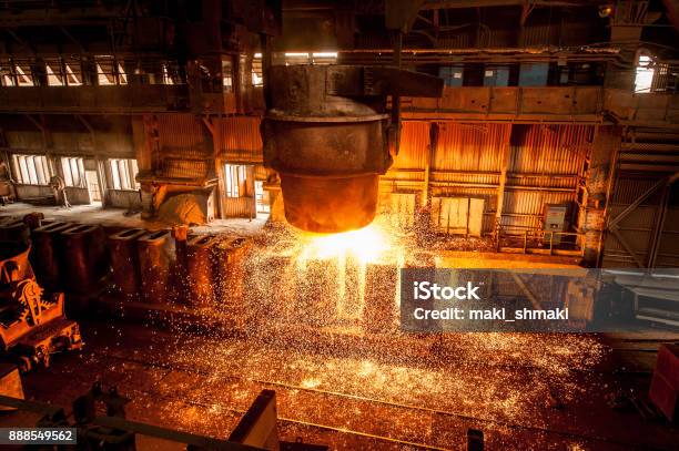 Tank Pours The Liquid Steel In The Forms Stock Photo - Download Image Now - Steel Mill, Steel, Blast Furnace