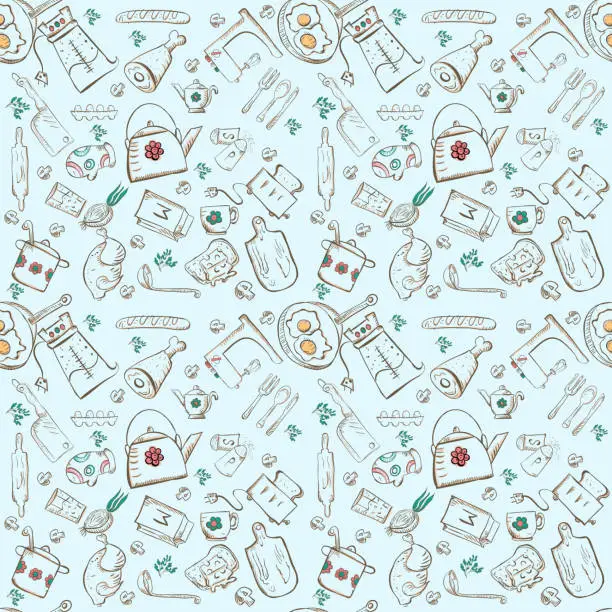Vector illustration of seamless pattern sketch for kitchen accessories and food 2