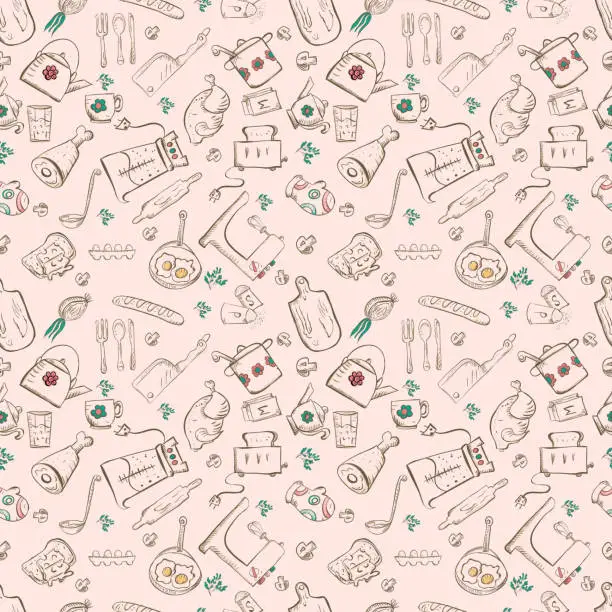 Vector illustration of amless pattern sketch for kitchen accessories and food 3
