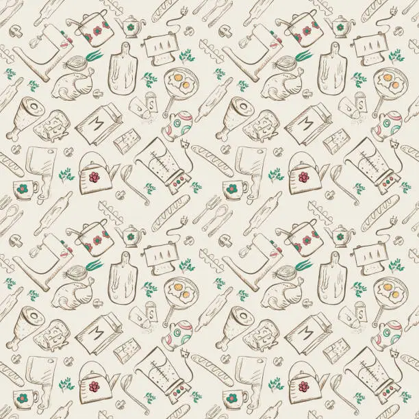 Vector illustration of seamless pattern sketch for kitchen accessories and food 4