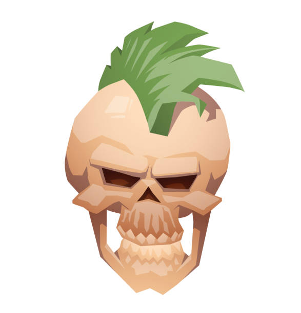 Human skull with a green mohawk Vector cartoon image of a beige human skull with a green mohawk on a white background. Pirates, death, Halloween. Vector illustration. mohawk stock illustrations