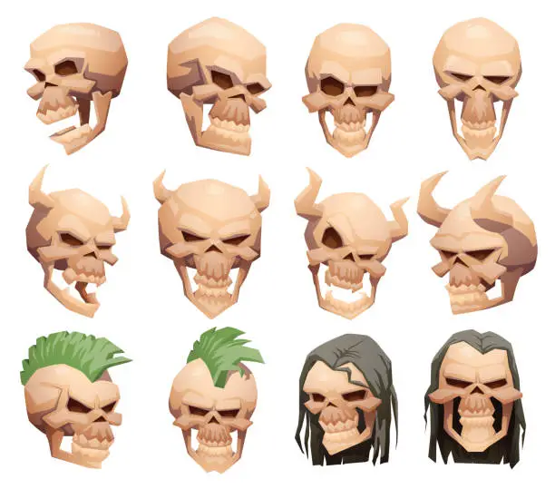 Vector illustration of set of human skulls with mohawk, hair and horns