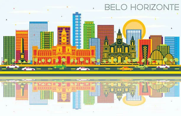 Vector illustration of Belo Horizonte Brazil Skyline with Color Buildings, Blue Sky and Reflections.