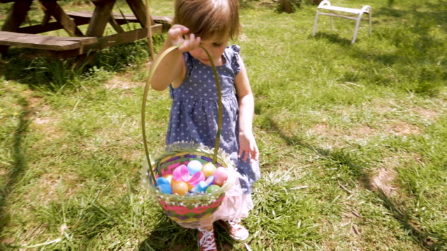 Adorable 2 - 3 year old girl in spring dress holding an easter basket