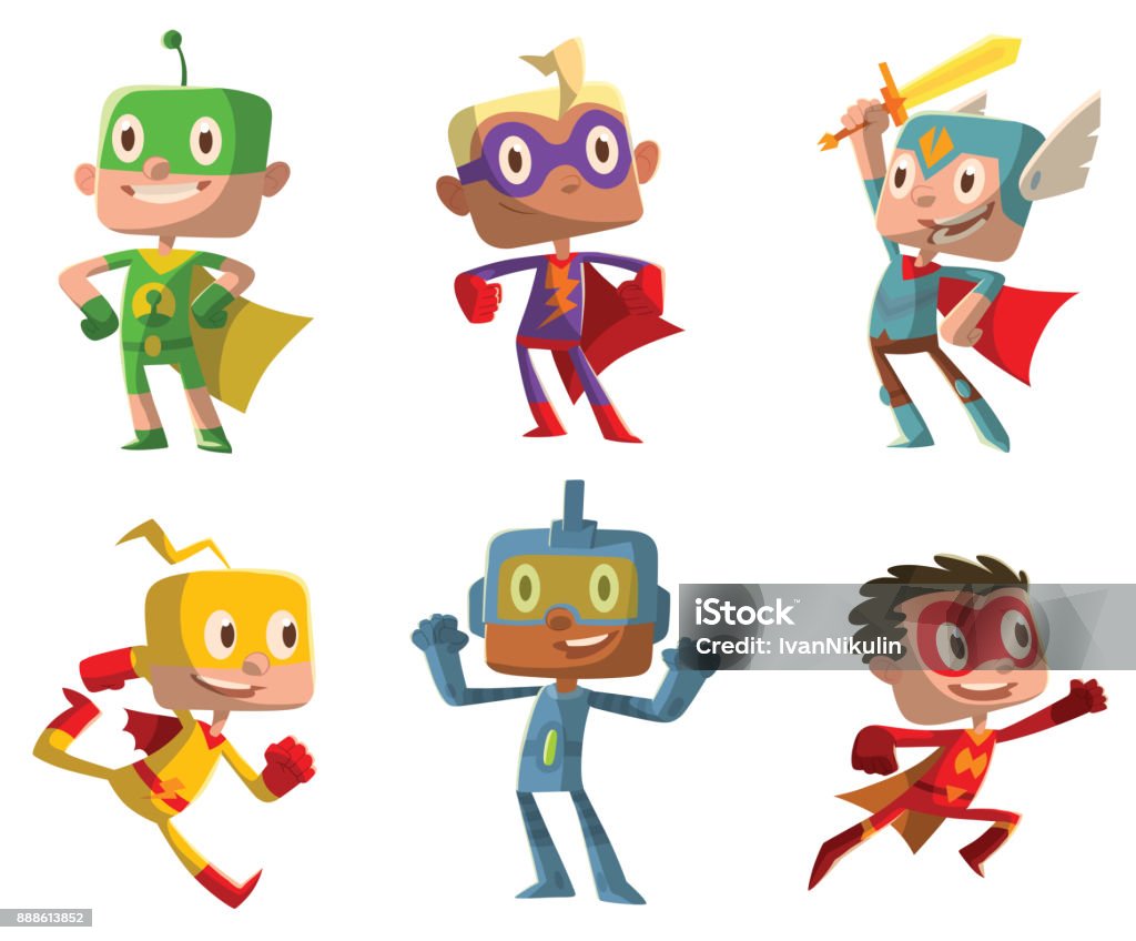 Jeu de funny garçons en costumes de super-héros - clipart vectoriel de Super-héros libre de droits