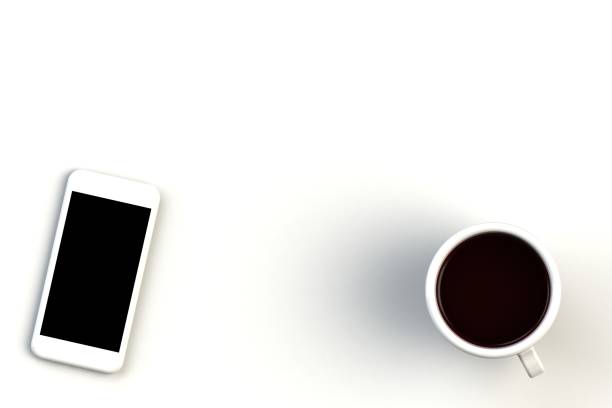 taza de café con teléfono inteligente sobre fondo blanco, superior vista con copyspace para el texto, render 3d - krung fotografías e imágenes de stock