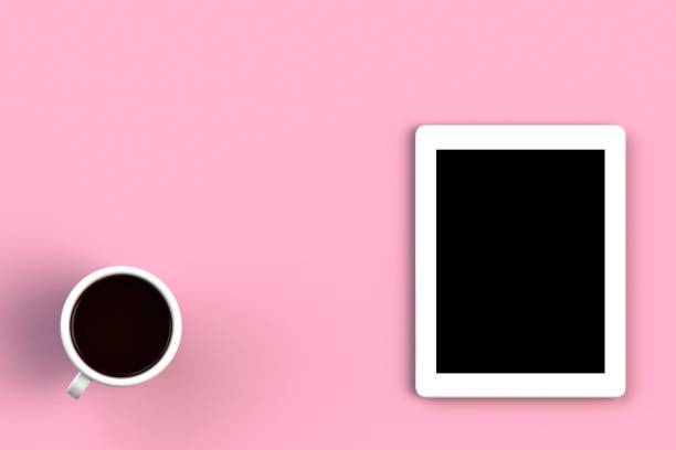 istock Coffee cup with tablet on pink background, Top view with copyspace for your text, 3D rendering 888620764