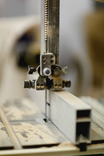 istock Working part of the jigsaw machine in focus close up. Front view 888629382