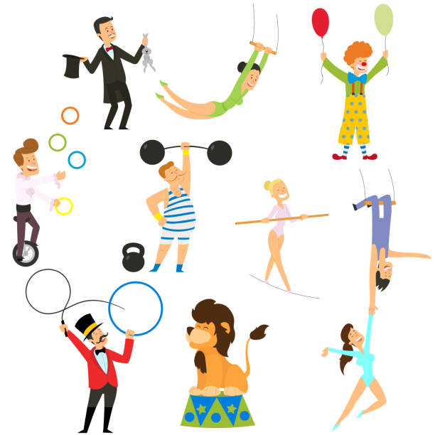 ilustrações de stock, clip art, desenhos animados e ícones de circus performance decorative icons set with athlete animals magician vector illustration - entertainment clown child circus