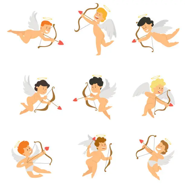 Vector illustration of Cupid mascot in various positions.