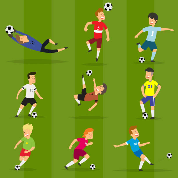 reihe von bunten fußballspieler auf verschiedenen positionen spielen fußball auf der grünen wiese - soccer player soccer sport people stock-grafiken, -clipart, -cartoons und -symbole