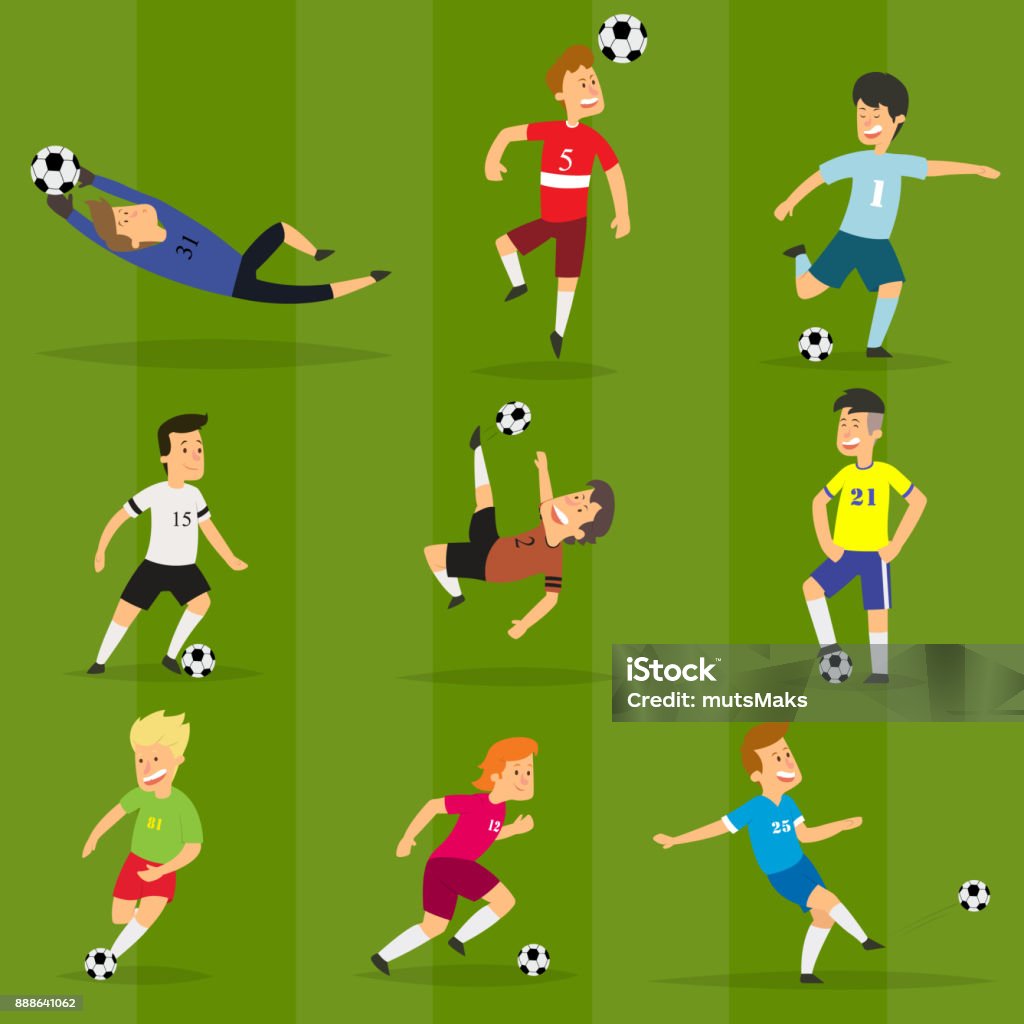 Set of colorful football players on different positions playing soccer on a green field Set of colorful football players on different positions playing soccer on a green field. vector illustration in flat style. Soccer stock vector