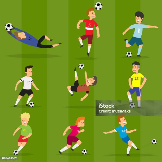 Set Of Colorful Football Players On Different Positions Playing Soccer On A Green Field Stock Illustration - Download Image Now