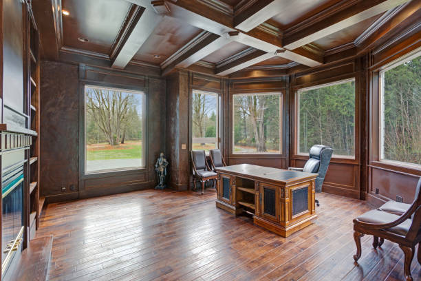 istock Chic Wood Paneled Home office features coffered ceiling 888648036