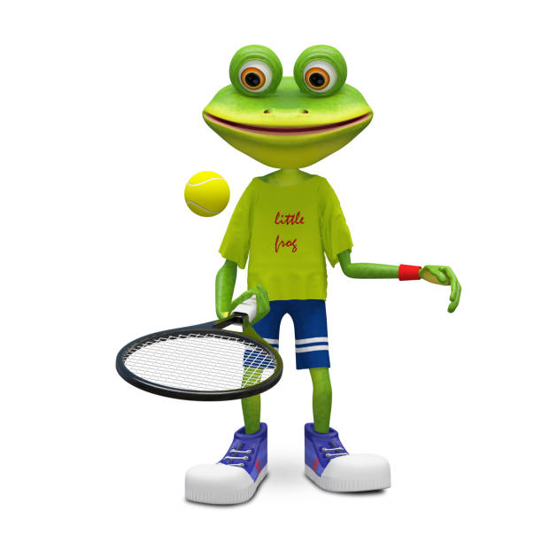 illustration a merry green frog tennis player