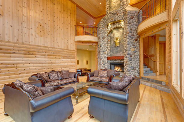 istock Spacious great room features pine paneled walls 888659726