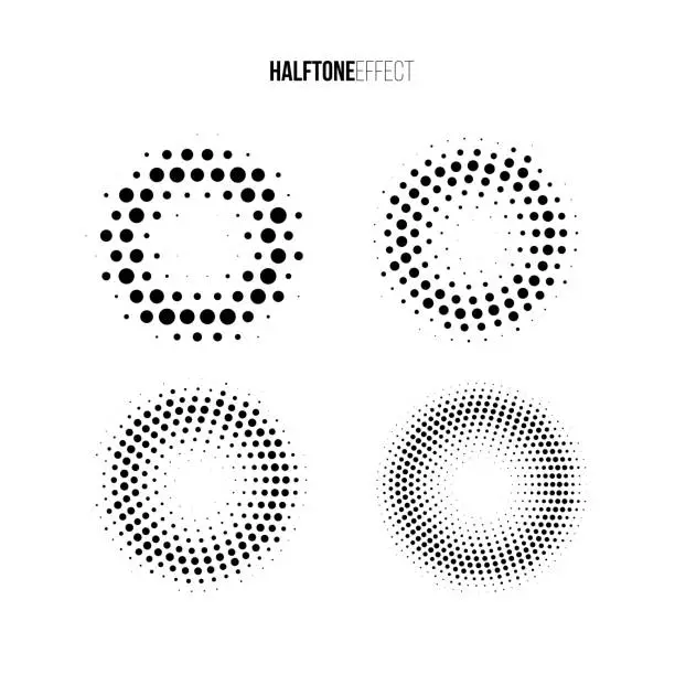 Vector illustration of Vector halftone effect set. Different gradient rings in halftone effect.