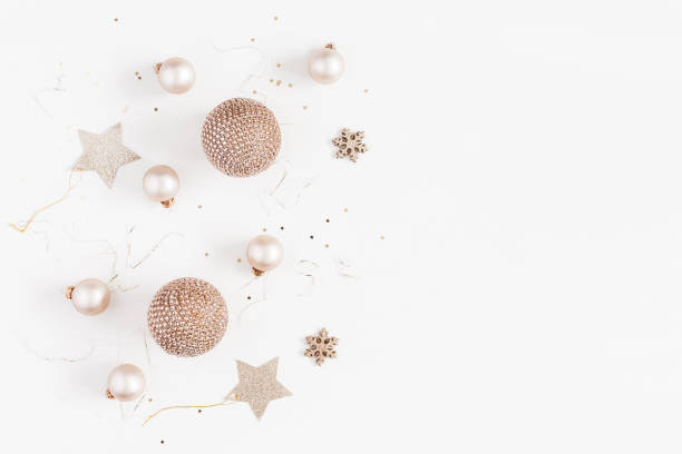 istock Christmas balls, golden decorations. Flat lay, top view 888666902