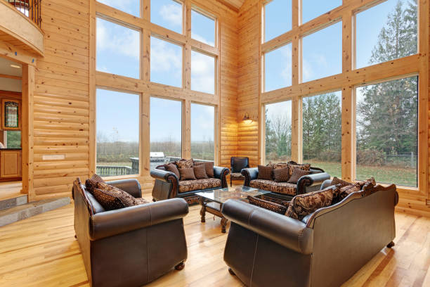 istock Spacious great room features pine paneled walls 888674936