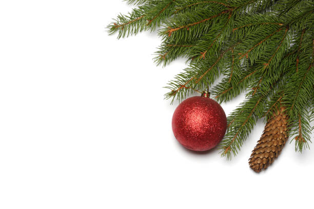 istock Christmas background. Top view with copy space. fir tree with cone and red ball isolated on white background 888678866