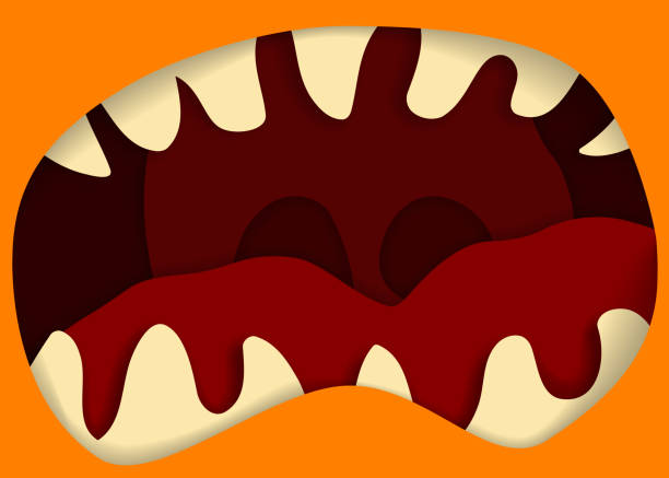 istock Monster mouth and teeth vector illustration, for halloween banner. Illusion of depth. Orange and red halloween monster mouth. 888682602