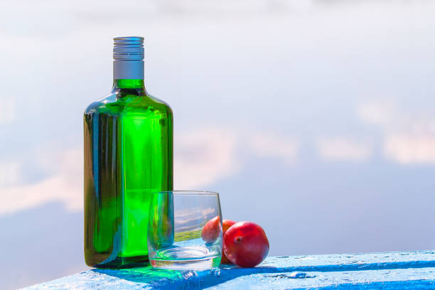botella de gin con el cristal y la ciruela en la mesa junto a un lago - gin decanter whisky bottle fotografías e imágenes de stock