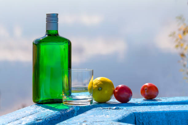 бутылка джина со стаканом и фруктами на столе у озера - gin decanter whisky bottle стоковые фото и изображения