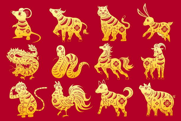 만화 조디악 실루엣 - snake chinese new year chinese zodiac sign china stock illustrations