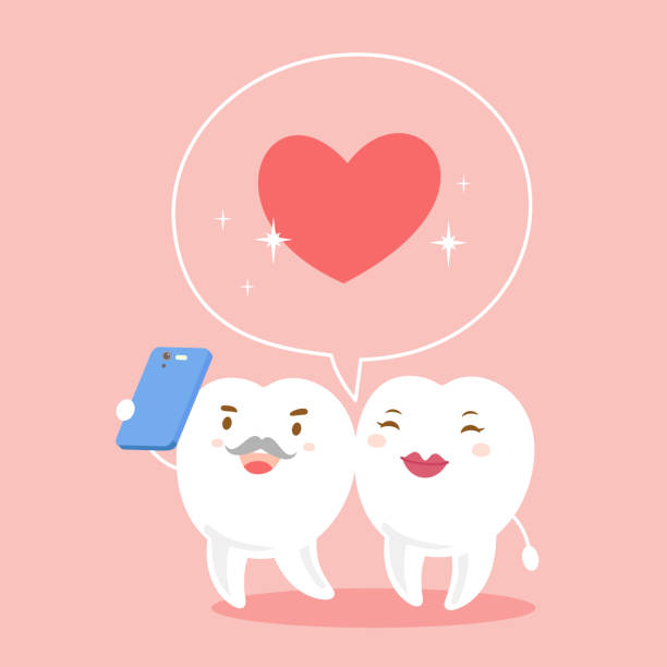 couple with valentine day couple tooth with valentine day on the pink background teeth photos stock illustrations