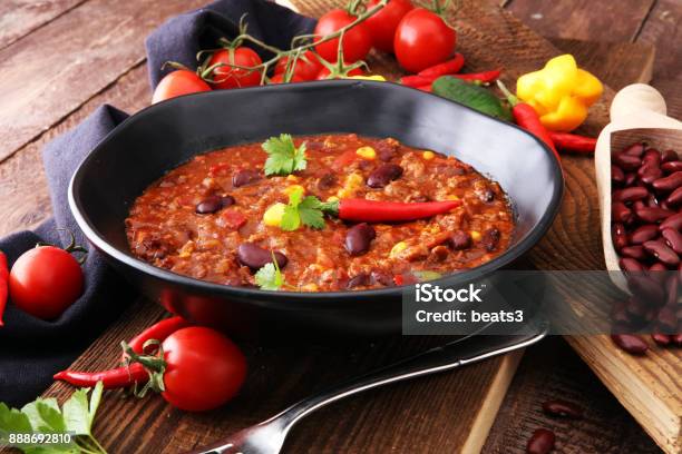Hot Chili Con Carne Mexican Food Tasty And Spicy Stock Photo - Download Image Now - Chili Con Carne, Bowl, Bean