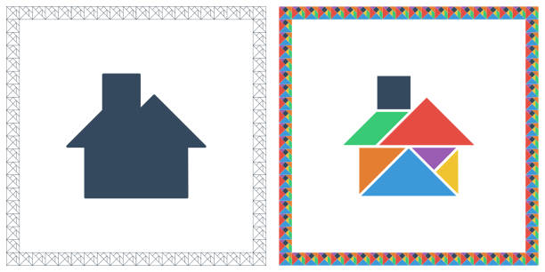 ilustraciones, imágenes clip art, dibujos animados e iconos de stock de riddle de casa juego de tangram cerebro y respuesta plana ilustración de vector de color de interfaz de usuario - tangram casa