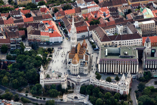 Aerial view about castle of Rezi, Hungarian name is Rezi var. This outstanding tourist attraction of Rezi built in the 1300s, which stands on the dolomite ridge of Meleg-mountain.