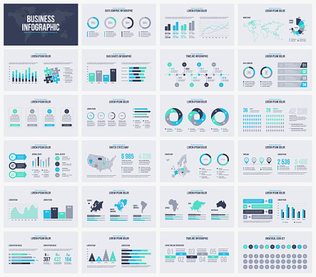 Multipurpose presentation slides vector template. Infographic elements for data visualization with world and USA maps. Set of universal icons.