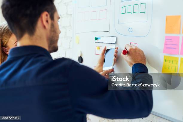 Closeup Of Ux Designers Prototyping Mobile Application Layout Stock Photo - Download Image Now