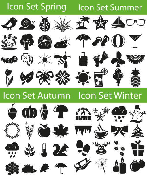 ilustraciones, imágenes clip art, dibujos animados e iconos de stock de icon set cuatro estaciones - four seasons cloud autumn plant